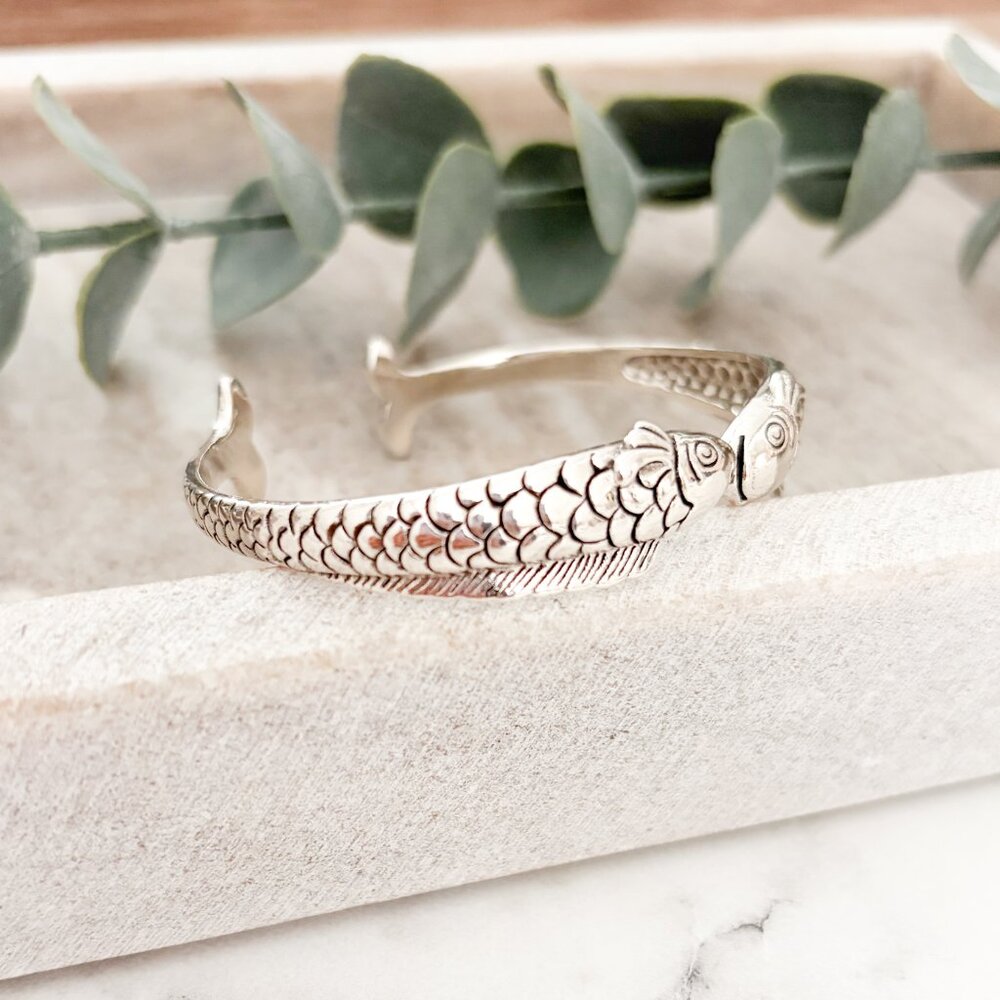 925 Sterling Silver Cuff Bracelet Fish Bracelet Bangle Bracelet - Picture 6 of 8